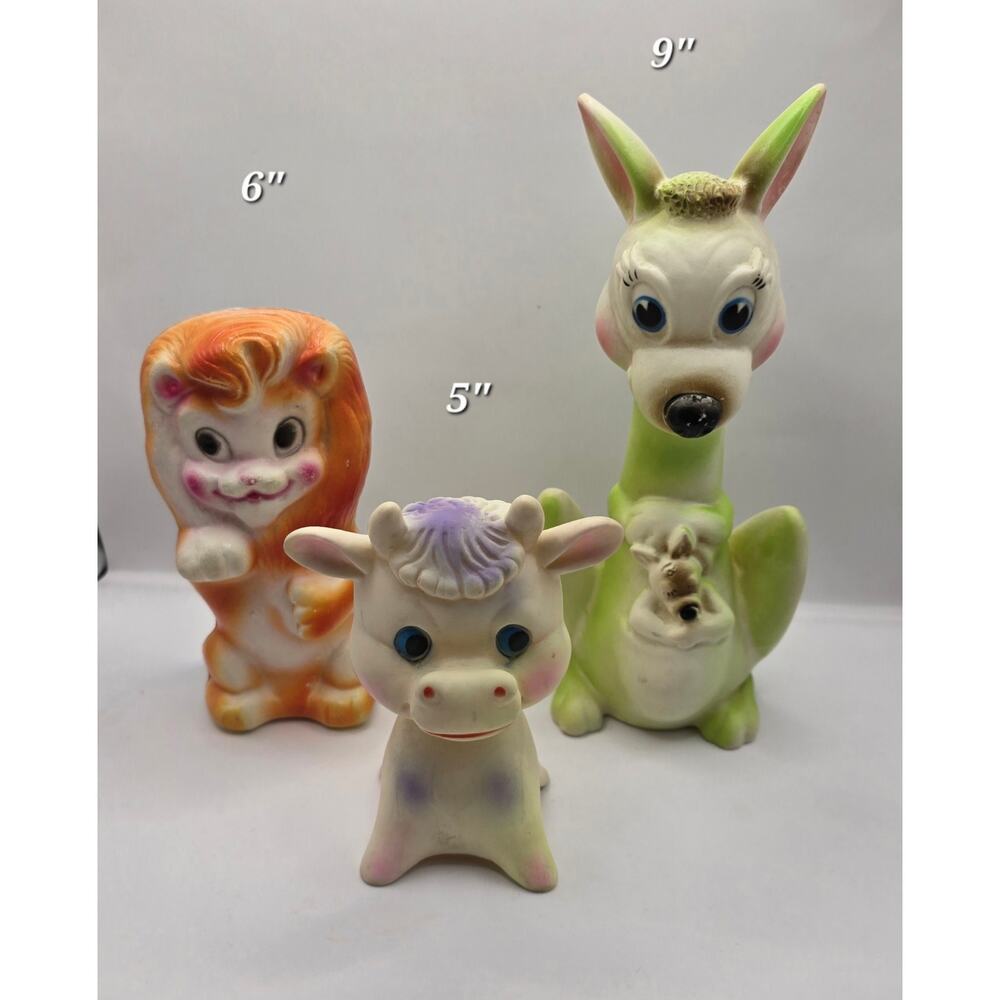 Vintage Rubber Squeak Toy Lot – Lion, Cow & Kangaroo with Joey